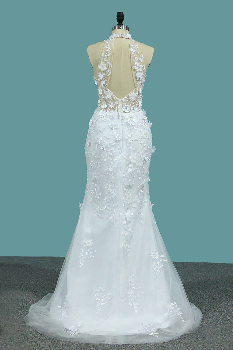 2024 Wedding Dresses V Neck Mermaid Tulle With Applique And Handmade Flowers