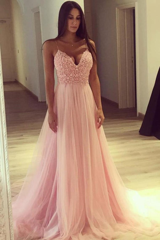 Spaghetti Straps Long A-Line Pink Lace Tulle Elegant Prom Dresses Party Dresses