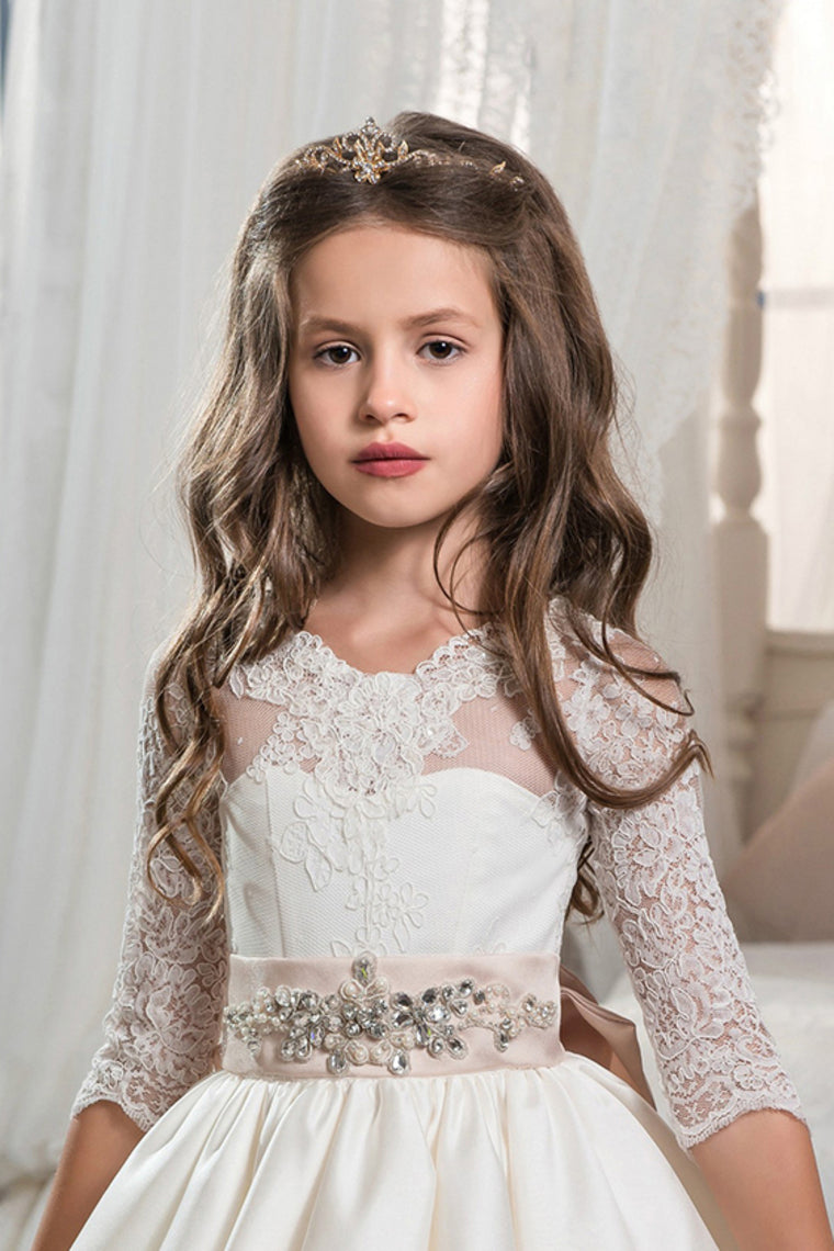 2024 New Arrival Scoop With Beading&Appliques Satin Mid-Sleeves Flower Girl Dresses