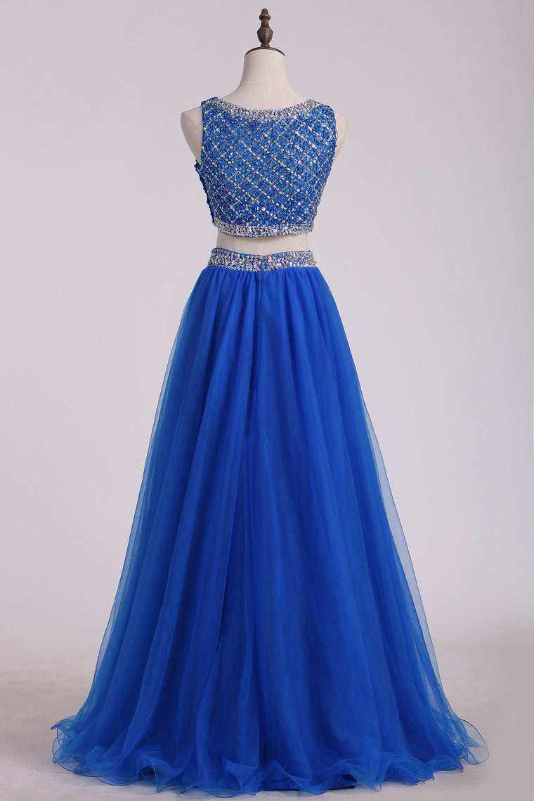 2024 Two Pieces Bateau Prom Dress Beaded Bodice A Line Tulle Floor Length