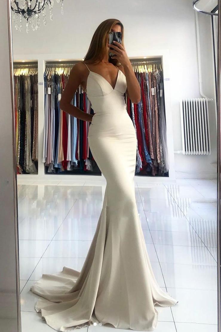 Simple Ivory V Neck Satin Mermaid Long Prom Dresses