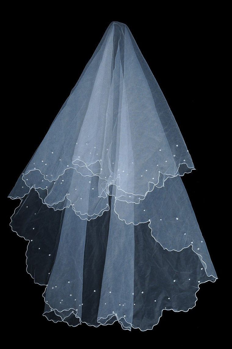 Two Tiers Beaded Veils Finished Edge V046