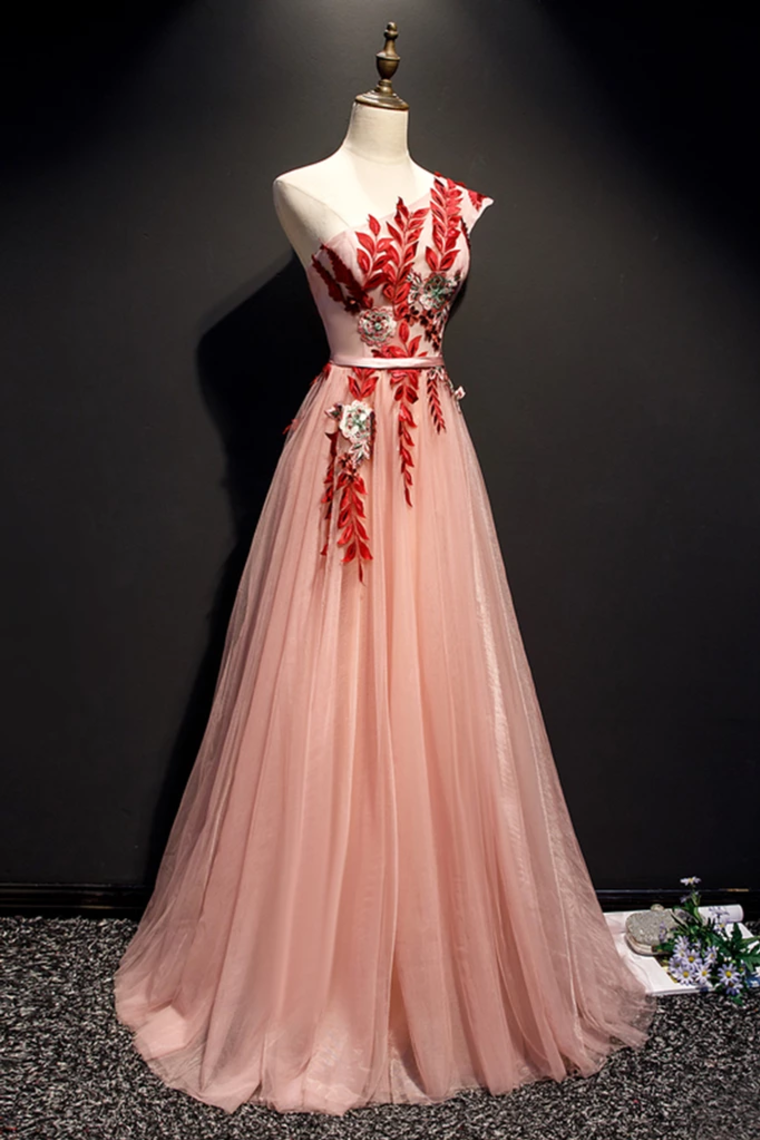 A Line One Shoulder Tulle Red Applique Long Prom Dress Evening Dress