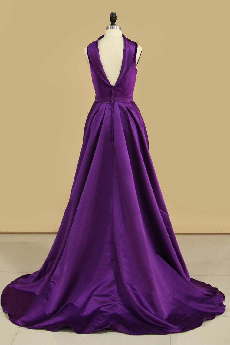 2024 Velvet High Neck Open Back Evening Dresses Mermaid Court Train