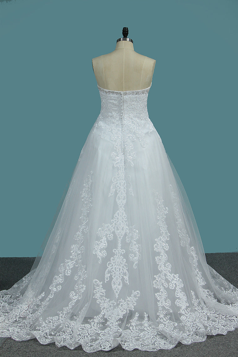 2024 Sweetheart A Line Tulle Wedding Dresses With Applique Court Train