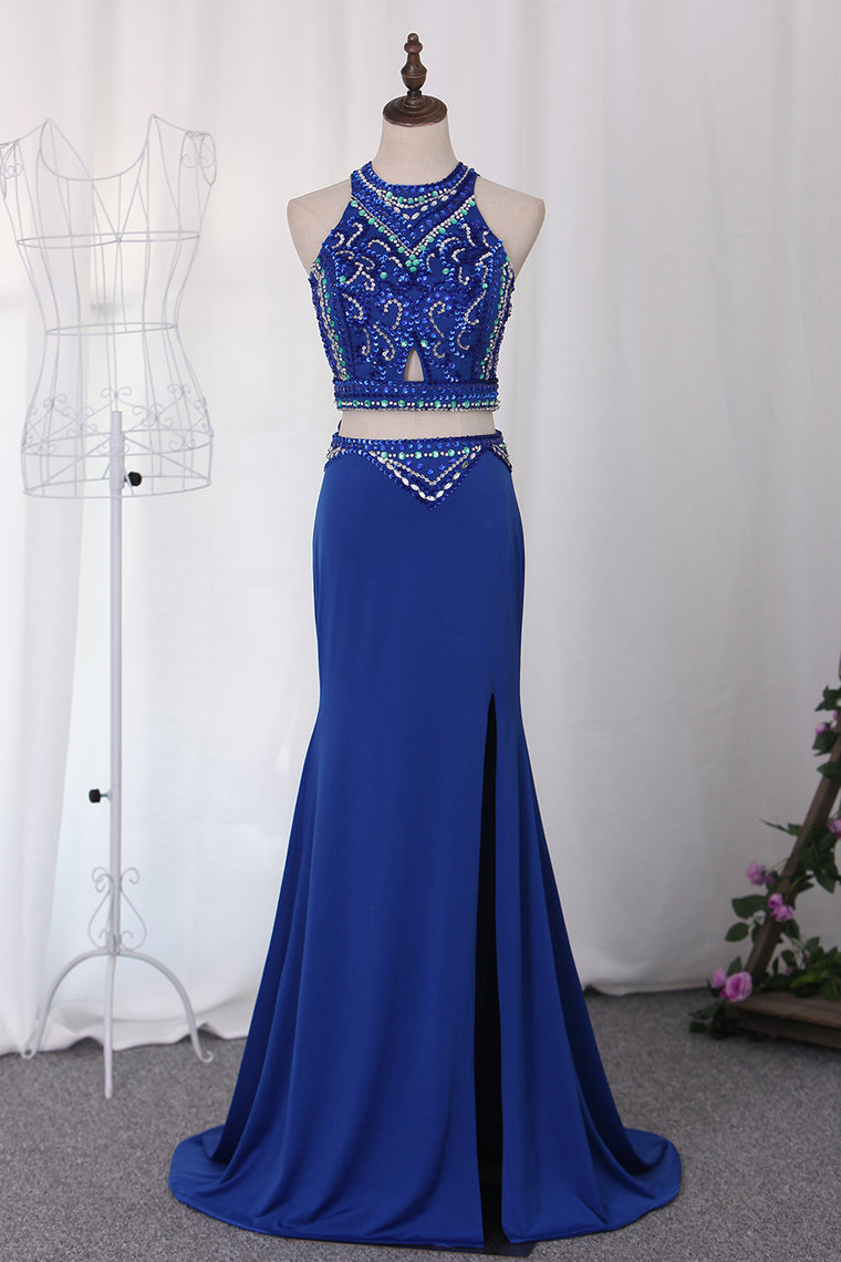 2024 Two-Piece Scoop Spandex With Beads And Slit Prom Dresses Mermaid