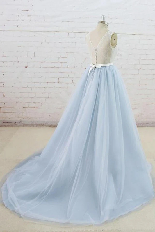 Tulle Sheer Back A Line Round Neck Formal Prom Dress