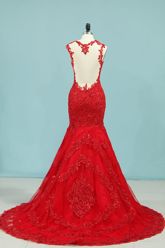 2024 Straps Prom Dresses Mermaid/Trumpet With Applique Tulle Sweep Train