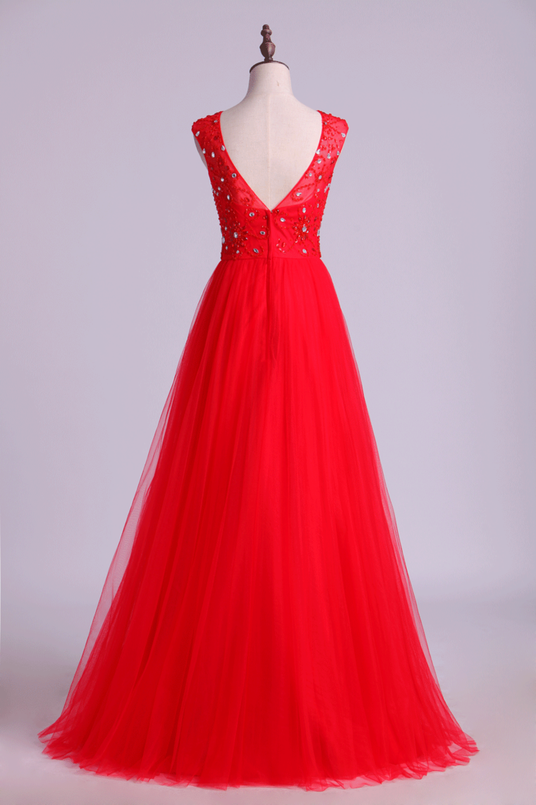 2024 Prom Dresses A Line Scoop Long Tulle V Back Red