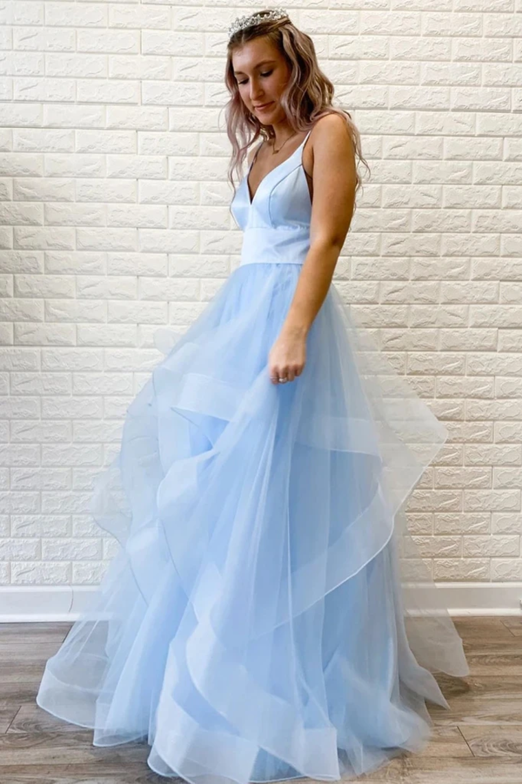 Simple Tulle Ruffles Spaghetti Straps V Neck Prom Dresses, Long Formal Dresses