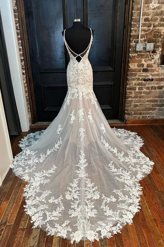 Elegant V Neck Mermaid Lace Appliques Wedding Dresses