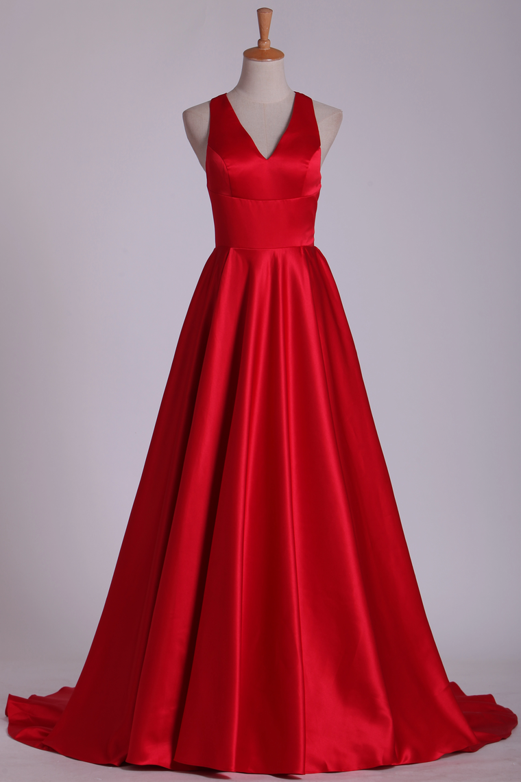 2024 Red V Neck Evening Dresses A Line Sweep Train  With Slit And Ruffles