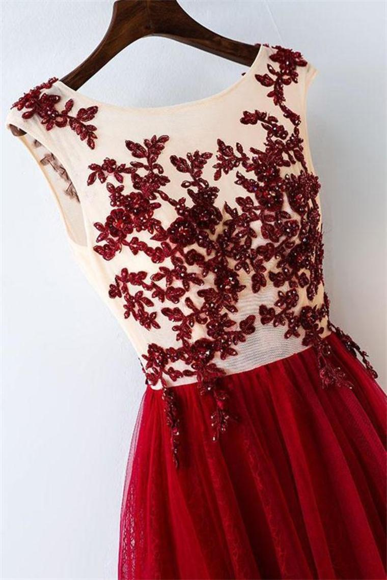 Elegant Burgundy A-Line Lace Tulle Prom Dresses Beautiful Party Dresses