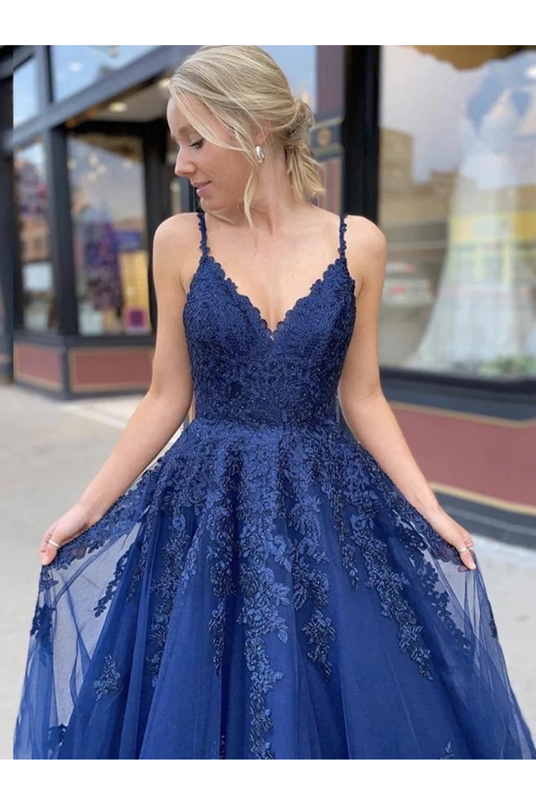 Dark Blue Tulle Applique Spaghetti Straps Long Prom Dress Evening Dress