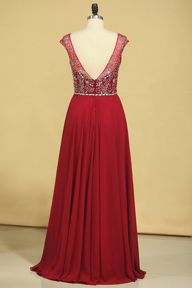 2024 Burgundy Prom Dresses A-Line Scoop Floor-Length Chiffon Beaded Bodice