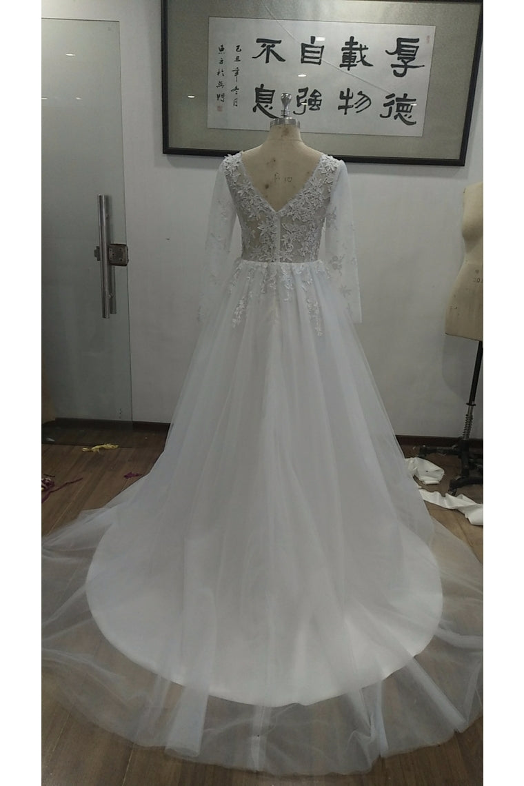 Ball Gown Long Sleeves V Neck Tulle Wedding Dress, Princess Long Bridal Dress With Appliques