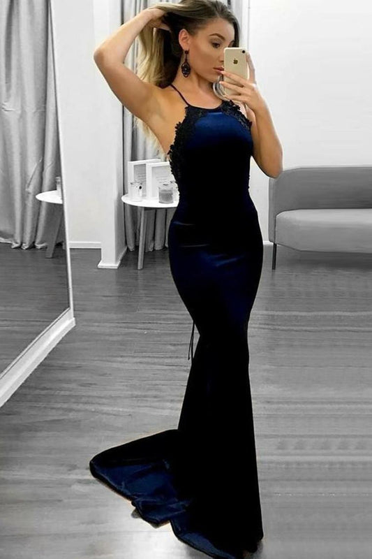 Spaghetti Straps Long Sheath Charming Simple Prom Dresses With Black Appliques