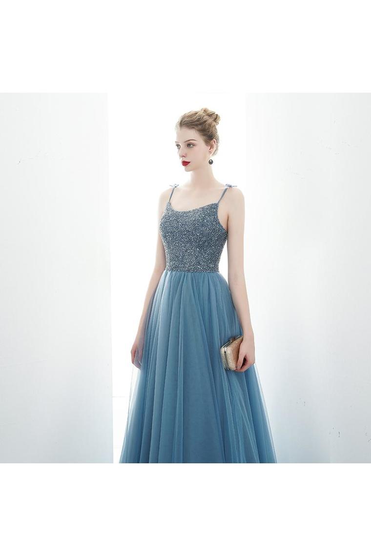 A-Line Spaghetti Straps Lace Up Back Beading Tulle Long Prom Dresses