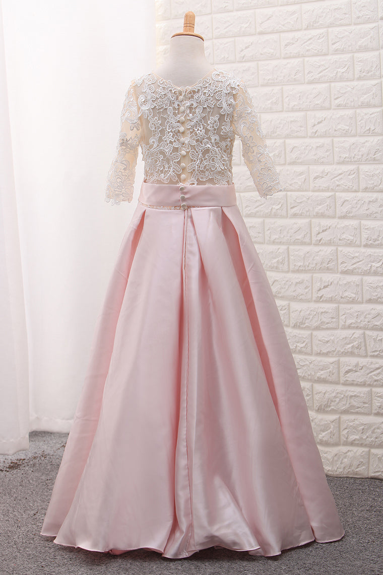 2024 Scoop Mid-Length Sleeve Satin A Line Flower Girl Dresses With Applique Floor-Length