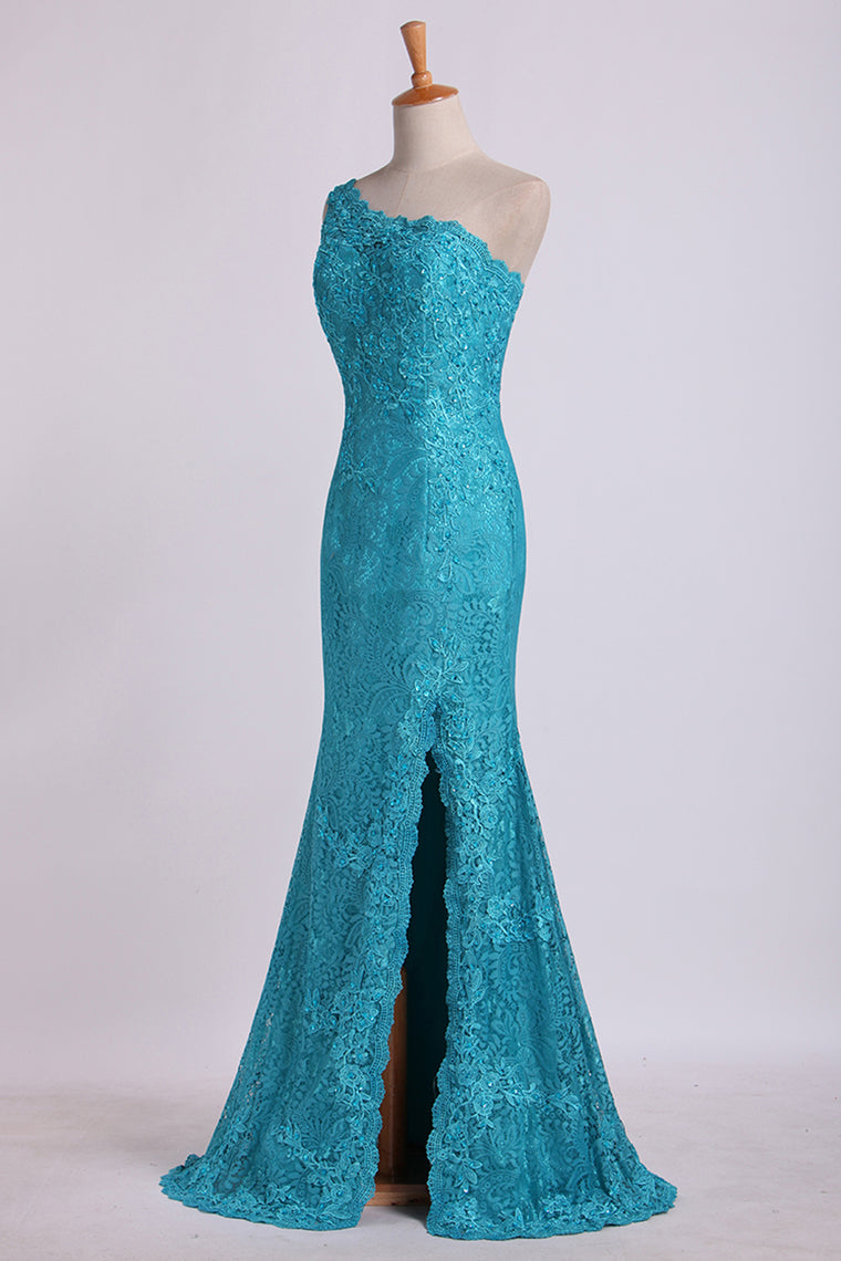 2024 One-Shoulder Sheath Prom Dresses Beaded Lace Floor-Length Zipper Back