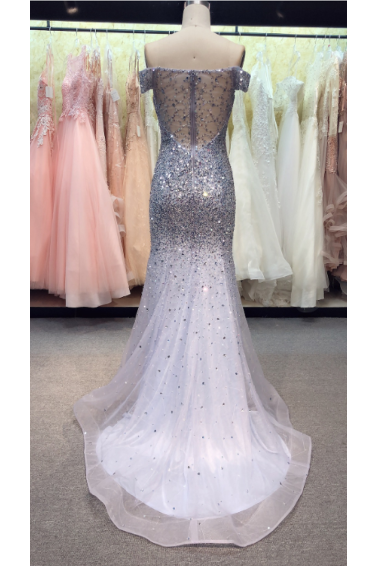 Prom Dress Off The Shoulder Sweep Train Mermaid Tulle Beads&Sequins