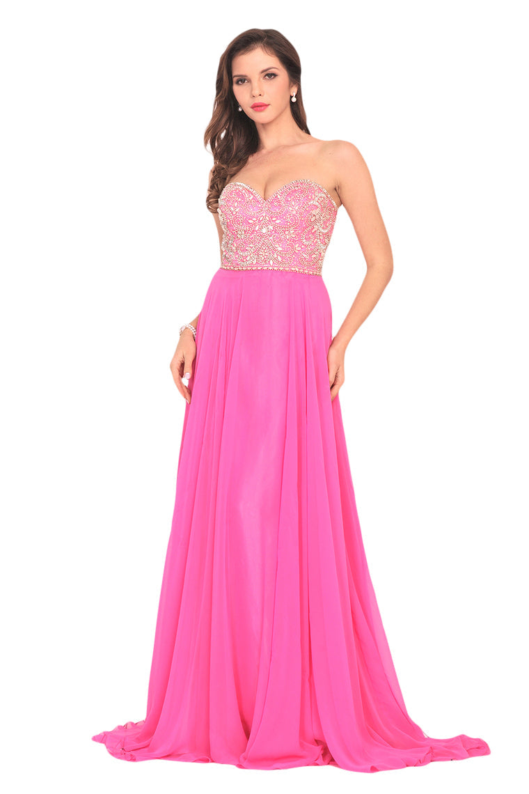 2024 A Line Sweetheart Beaded Bodice Prom Dresses Chiffon Sweep Train