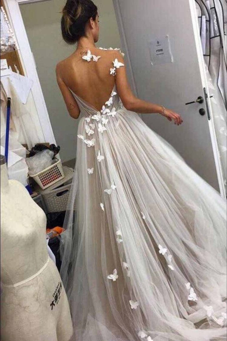 Elegant A Line Tulle Wedding Dresses With Butterfly Sweetheart Prom Dress