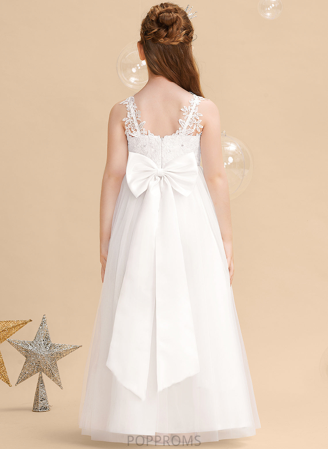 Sleeveless Floor-length Dress Girl Ball-Gown/Princess Beading/Bow(s) - Tulle/Lace With Tracy Flower Flower Girl Dresses V-neck