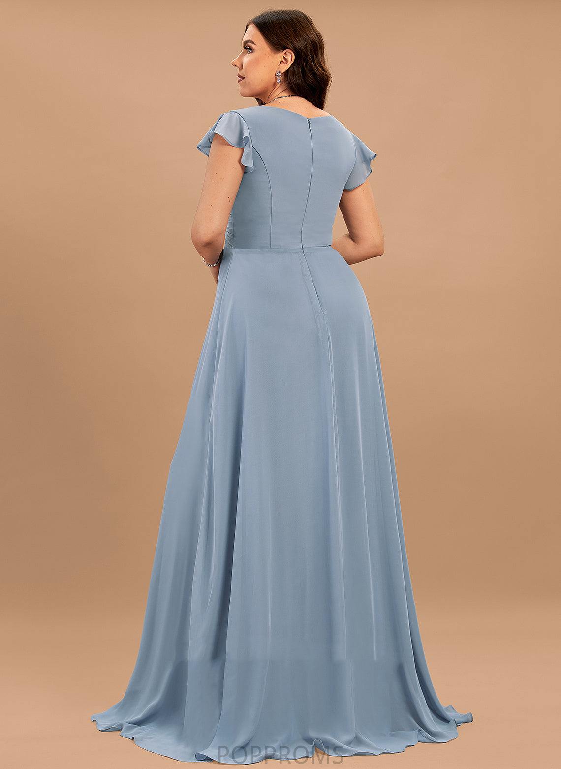 V-neck Embellishment A-Line SplitFront Silhouette Length Floor-Length Ruffle Fabric Neckline April A-Line/Princess Bridesmaid Dresses