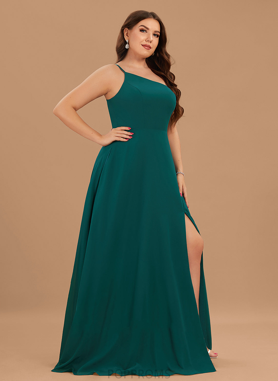 One-Shoulder Silhouette Pockets A-Line Length SplitFront Floor-Length Fabric Neckline Embellishment Ainsley Natural Waist Bridesmaid Dresses