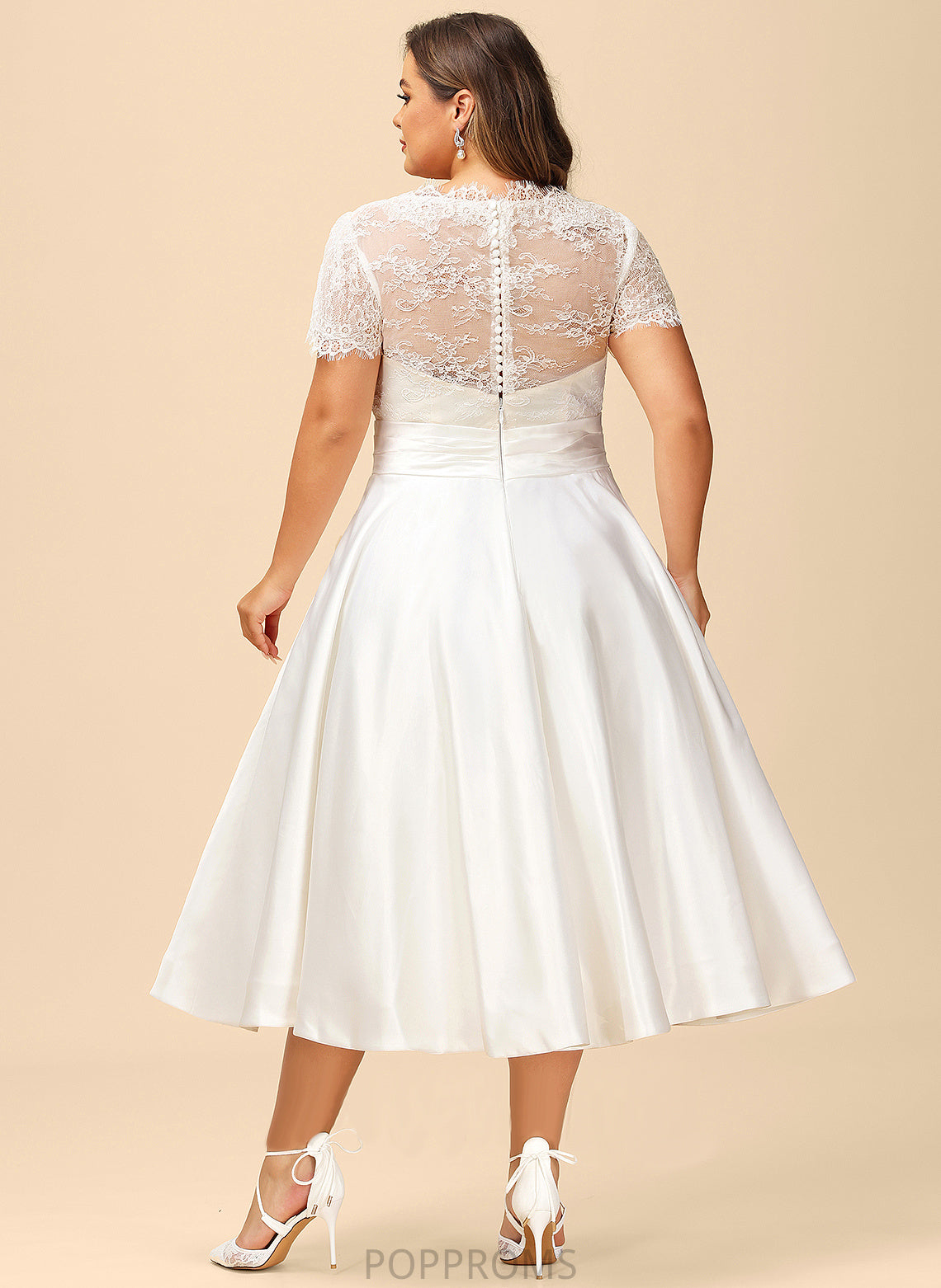 Tea-Length Maci Dress V-neck Ruffle Wedding With Wedding Dresses A-Line Lace Satin