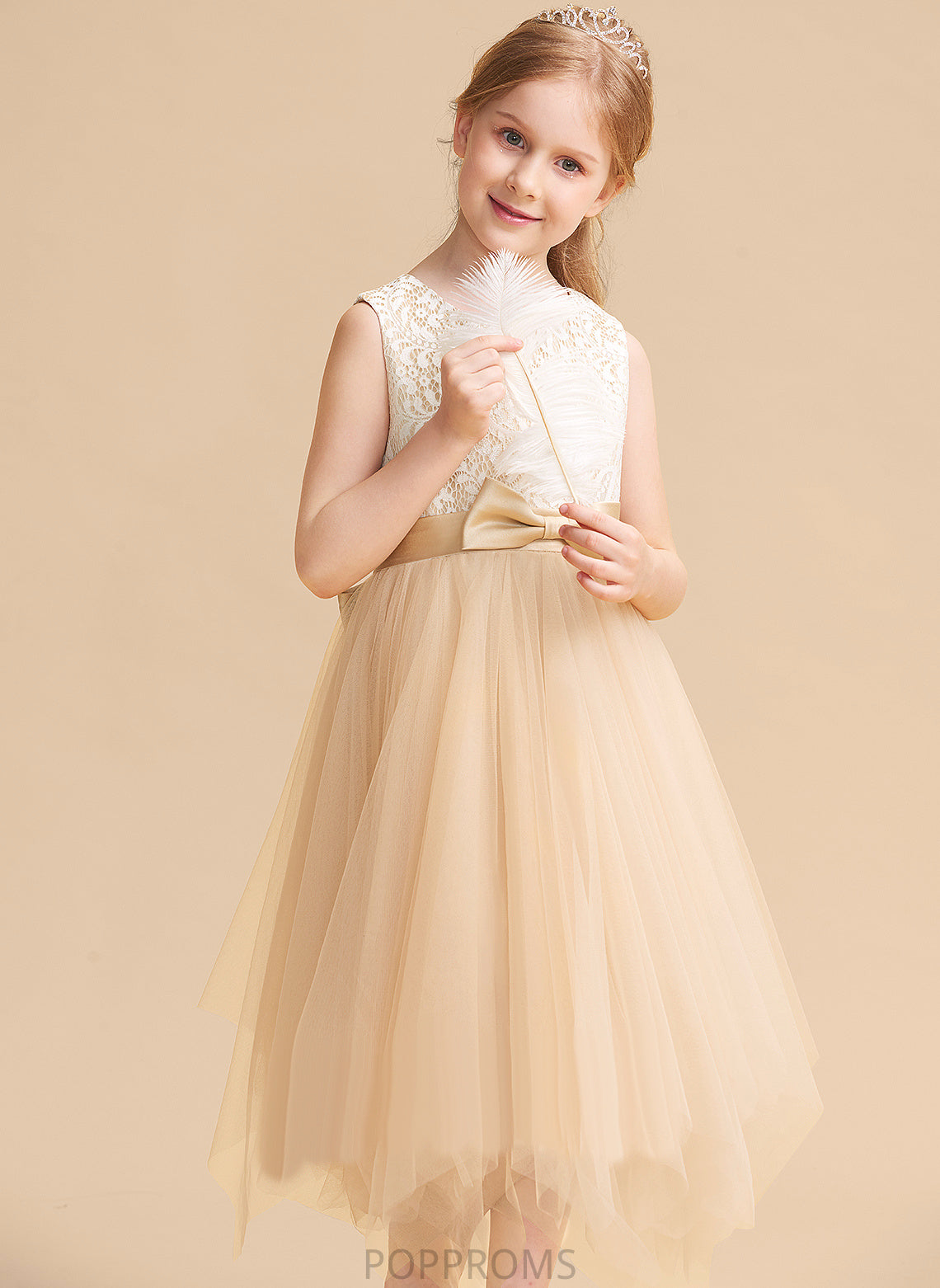 Sleeveless Scalloped Neck Flower Flower Girl Dresses Ciara With - Tulle Lace/Bow(s) A-Line Dress Tea-length Girl