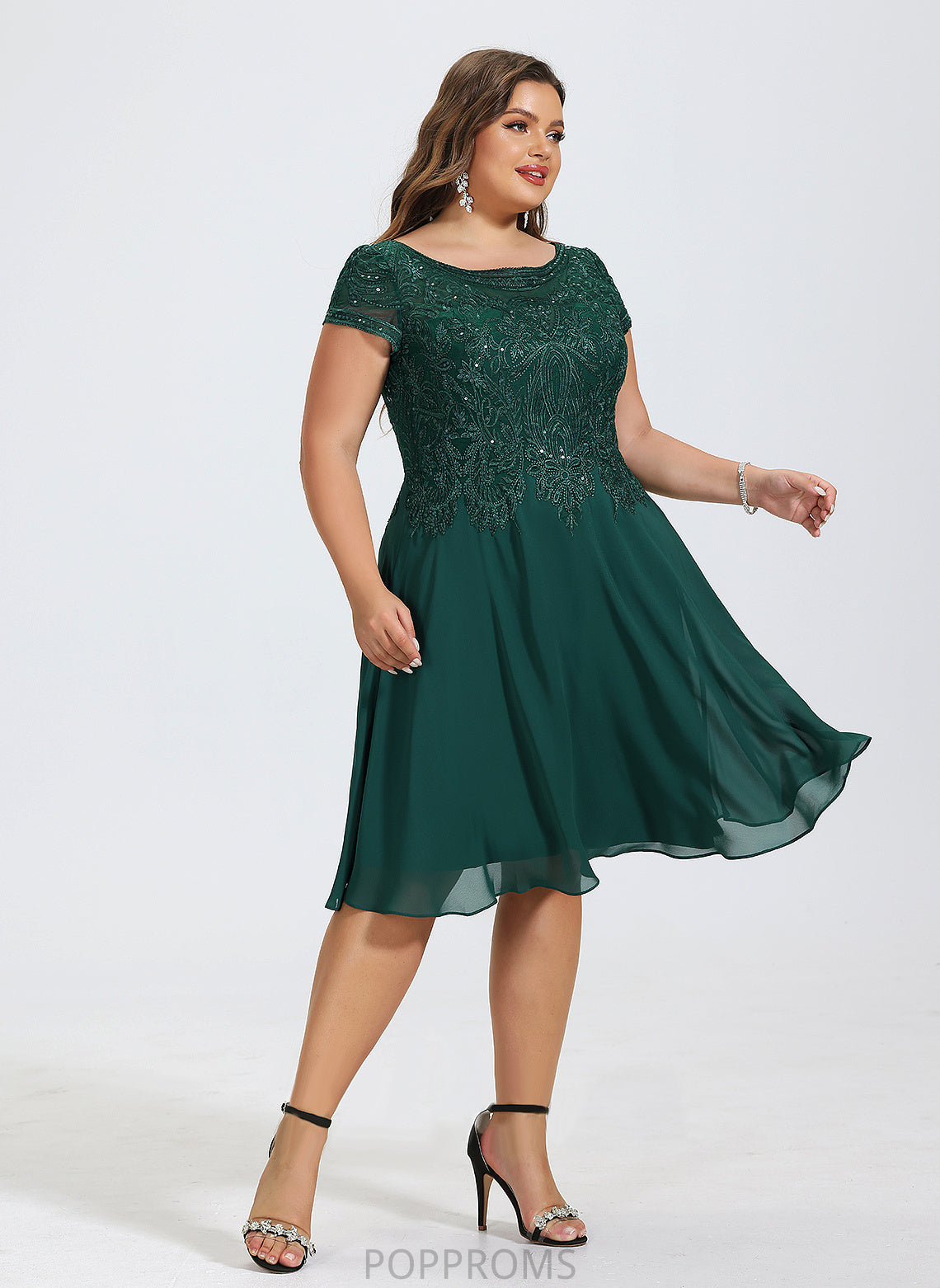 Jazlene With A-Line Neck Cocktail Dress Knee-Length Sequins Chiffon Lace Cocktail Dresses Scoop