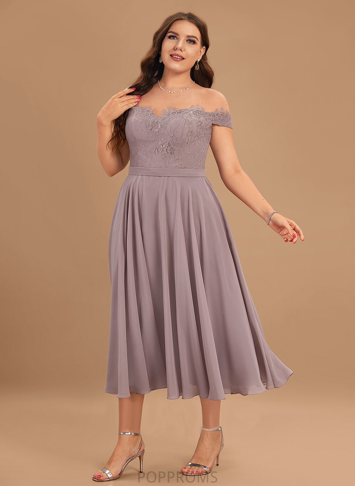 With Chiffon Beading Tea-Length Lace Cocktail A-Line Off-the-Shoulder Dress Cocktail Dresses Rosa