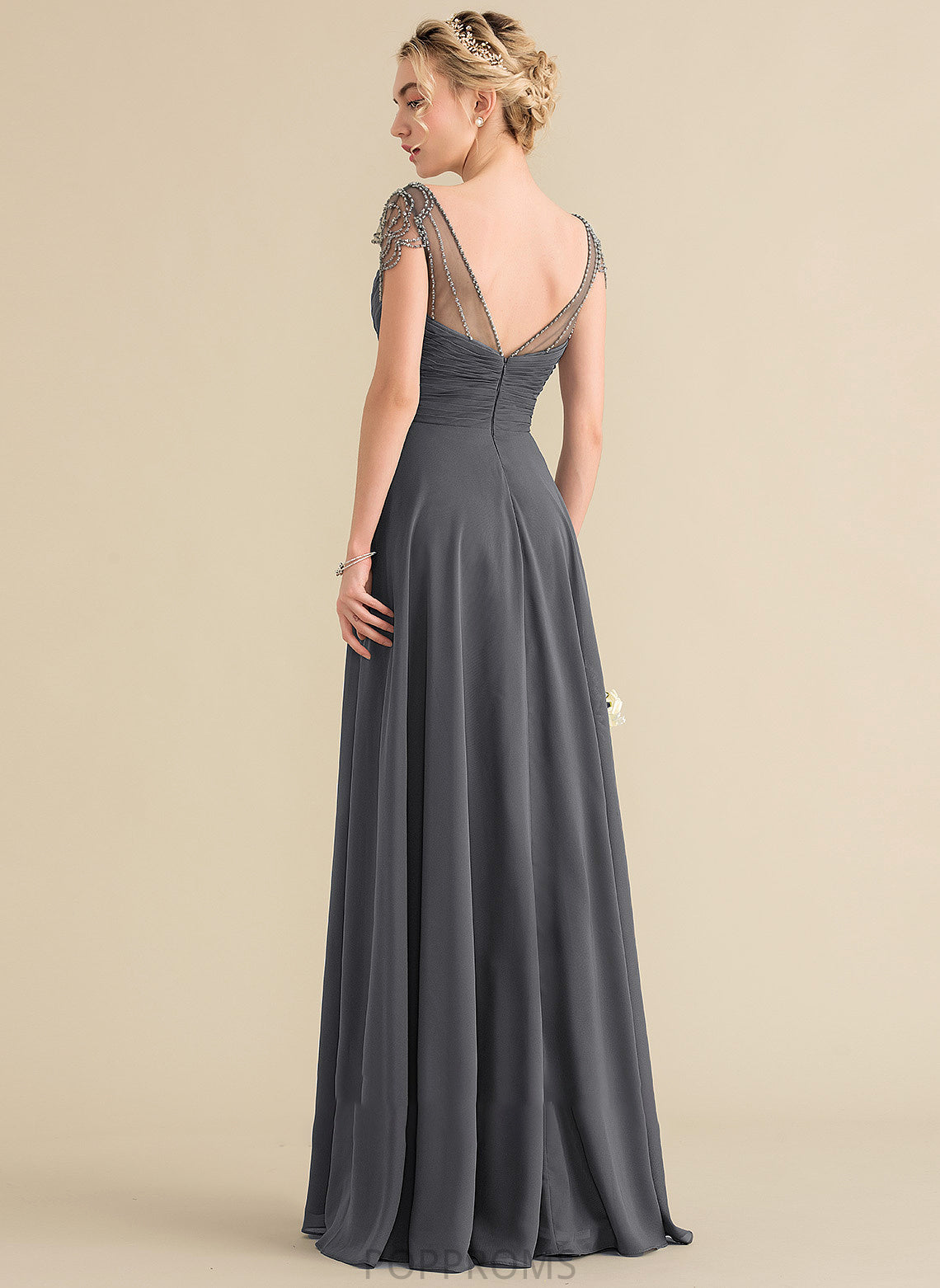 Ruffle Neckline Beading Floor-Length Sequins Length Embellishment Silhouette A-Line Fabric V-neck Elena Bridesmaid Dresses