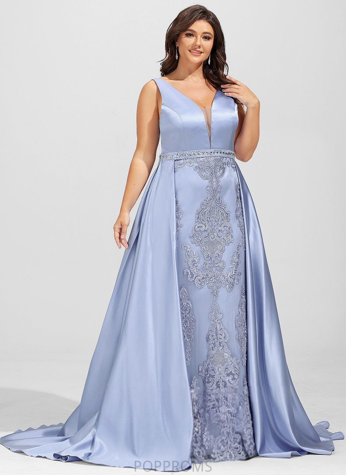 With Sweep Beading Satin Train Ball-Gown/Princess Reese Sequins V-neck Prom Dresses Lace