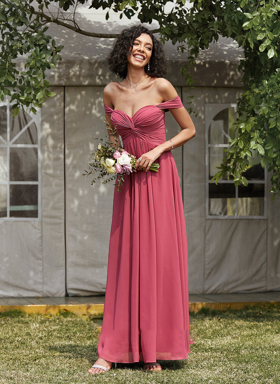 Length A-Line Off-the-Shoulder Ruffle Neckline Fabric Embellishment Silhouette Floor-Length Mariah Sleeveless Spaghetti Staps Bridesmaid Dresses