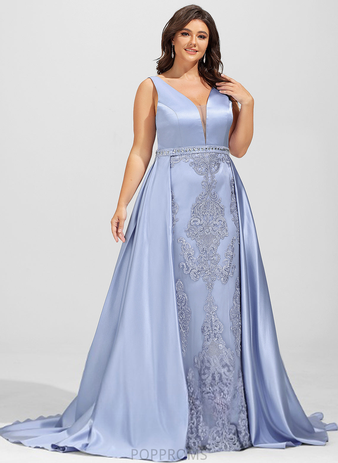 Serena Satin Prom Dresses With V-neck Sweep Sheath/Column Sequins Lace Train Beading