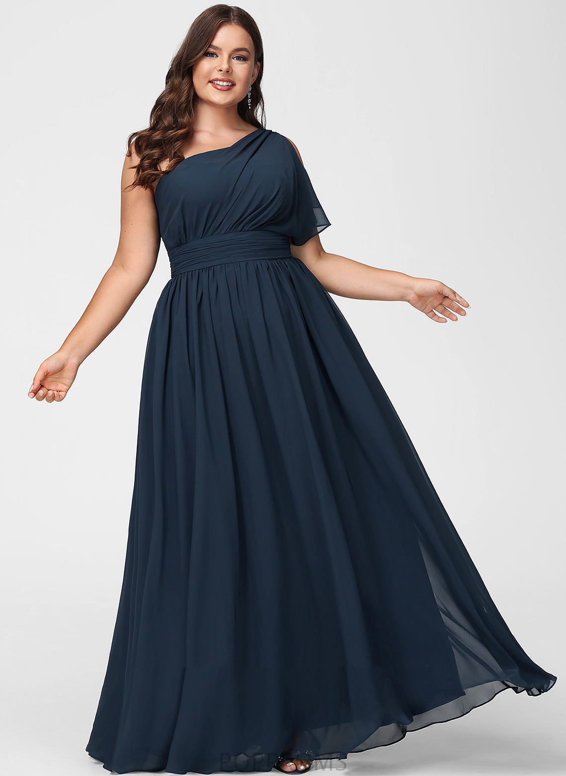 One-Shoulder Floor-Length A-Line Silhouette Neckline Ruffle Fabric Embellishment Length Pearl Sleeveless Straps Bridesmaid Dresses