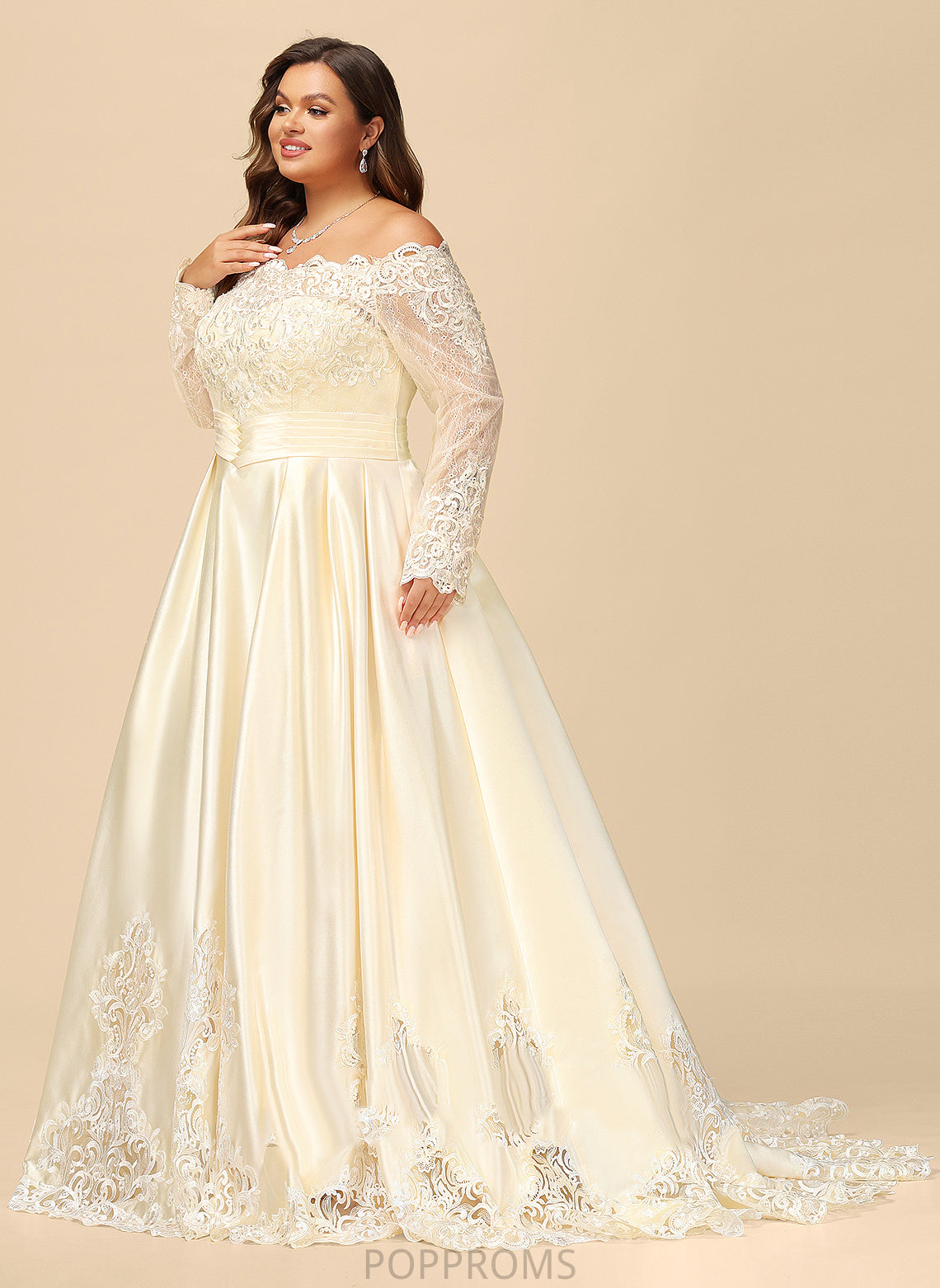 Off-the-Shoulder Satin Wedding Dresses Beading Sequins Jocelynn Dress Sweep Train With Wedding Lace Ball-Gown/Princess