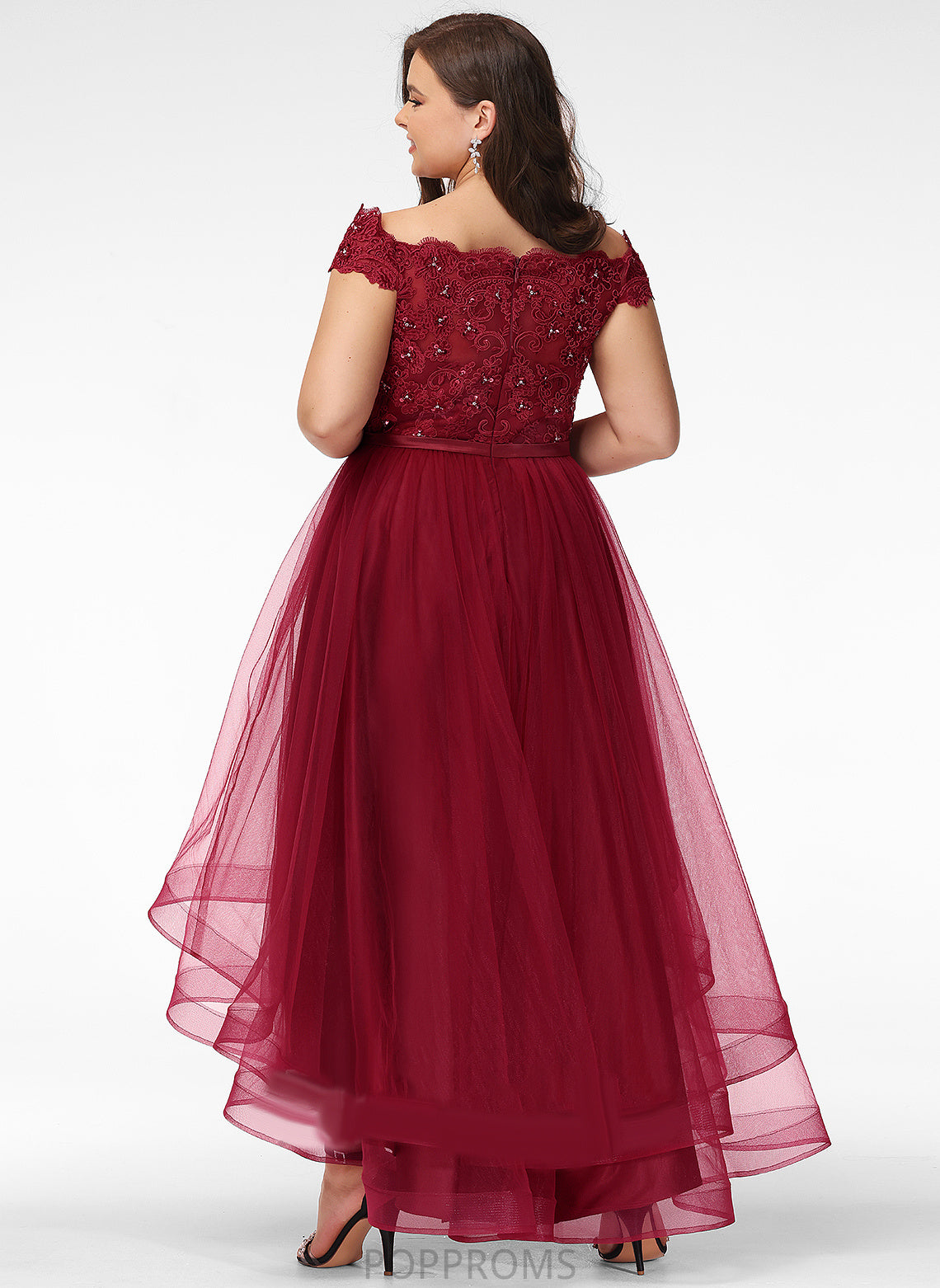 With Off-the-Shoulder A-Line Sequins Lace Tulle Asymmetrical Diya Beading Bow(s) Prom Dresses