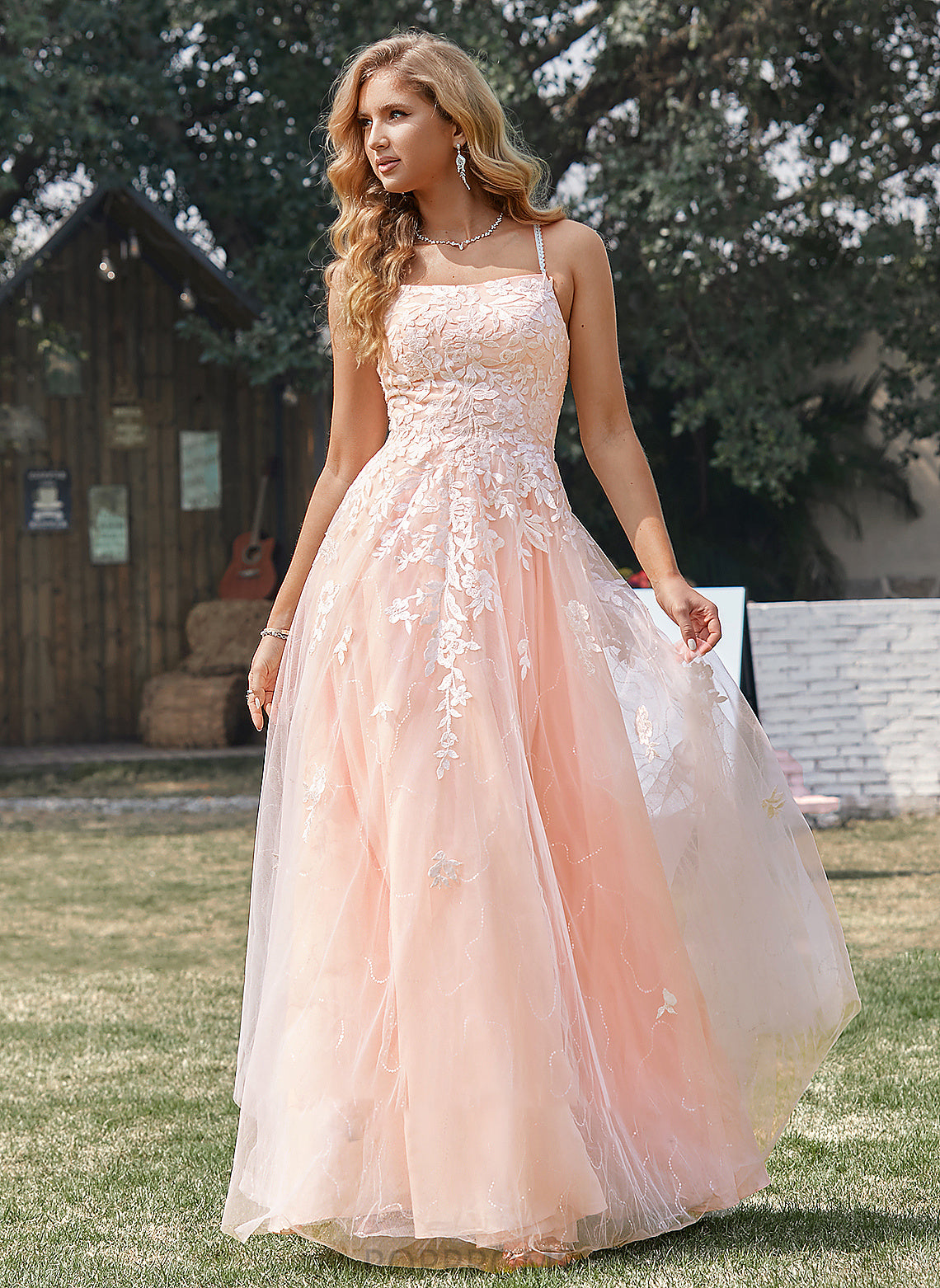 Prom Dresses Square Neckline Lace Floor-Length Ball-Gown/Princess Tulle With Saniya Sequins