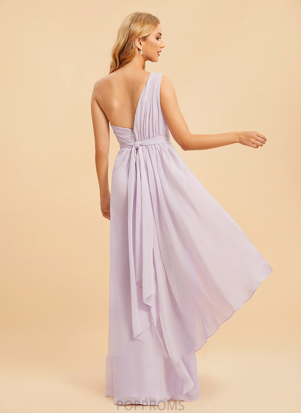 Floor-Length Length A-Line Embellishment Ruffle Neckline One-Shoulder Silhouette SplitFront Fabric Renata Natural Waist Bridesmaid Dresses