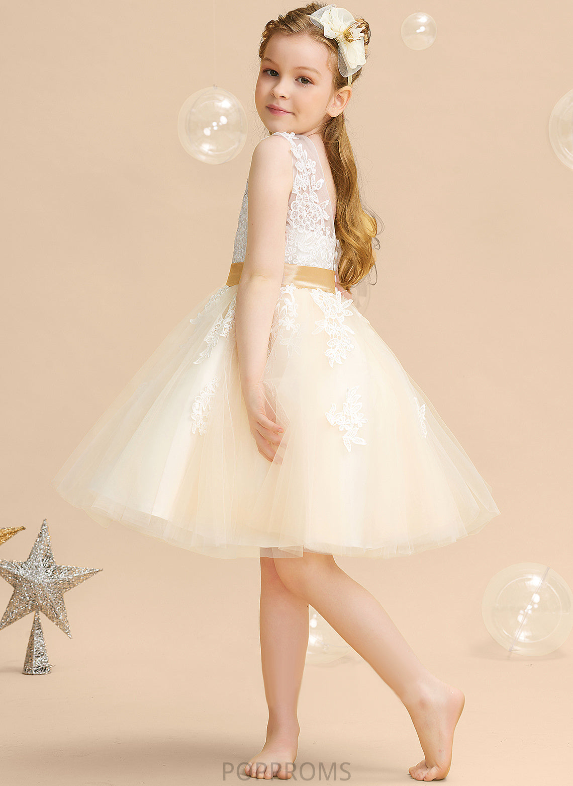 A-Line Knee-length - Scoop Neck Flower Back Appliques/V Girl Dress Laylah Satin/Tulle/Lace Flower Girl Dresses With Sleeveless