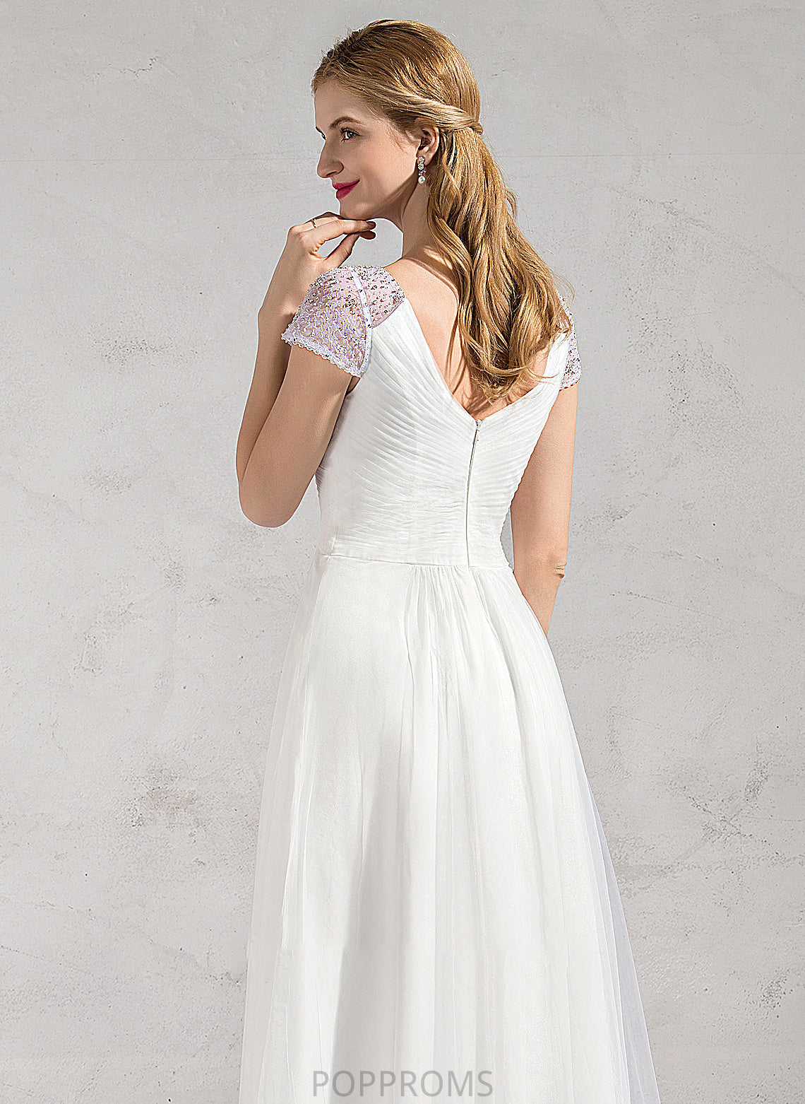 With Beading Sequins Wedding Dresses Dress A-Line Ruffle Wedding V-neck Asymmetrical Tulle Anastasia