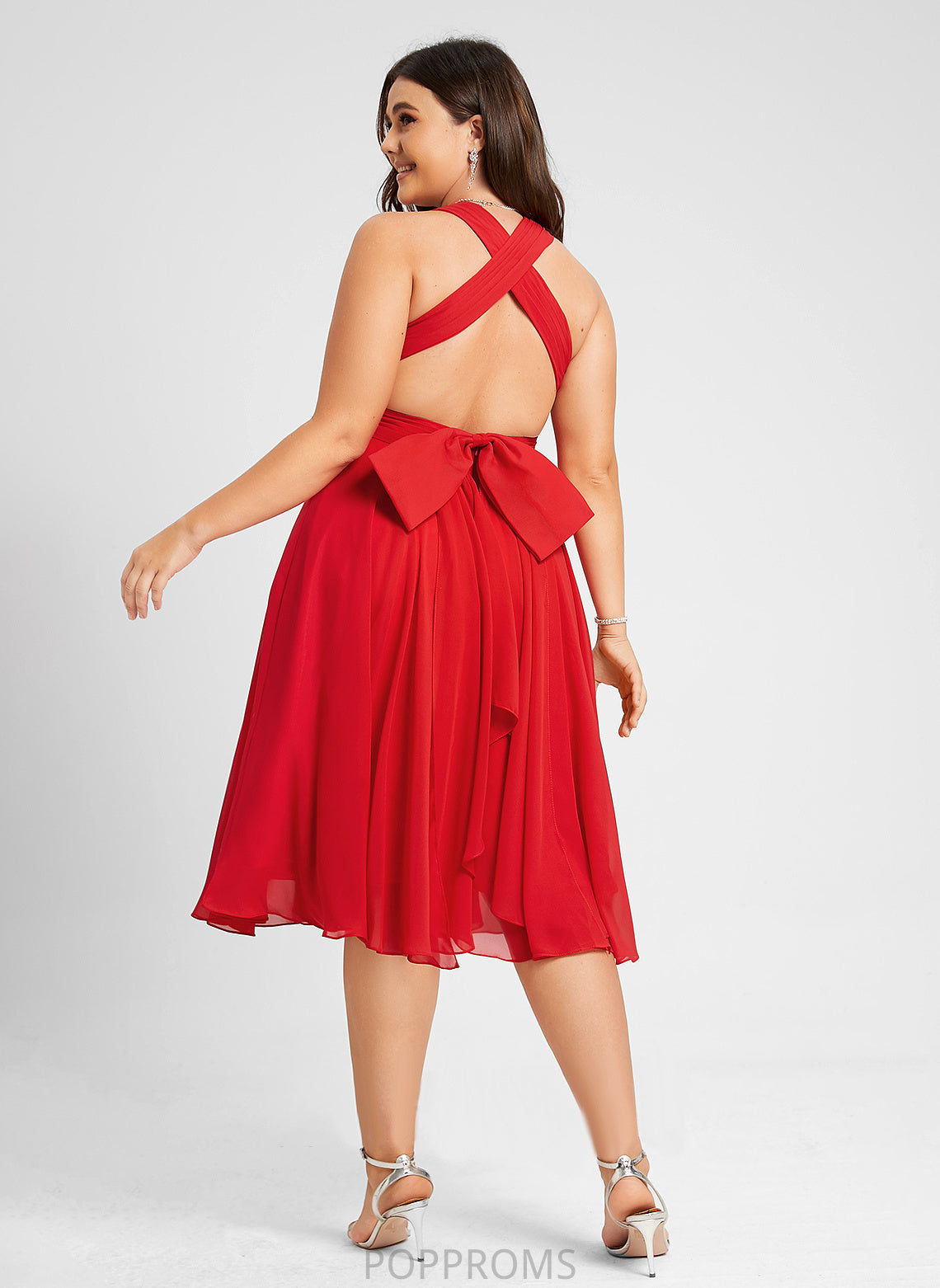 With Ruffle A-Line Cocktail Dress Bow(s) Kelsie Knee-Length Cocktail Dresses V-neck Chiffon