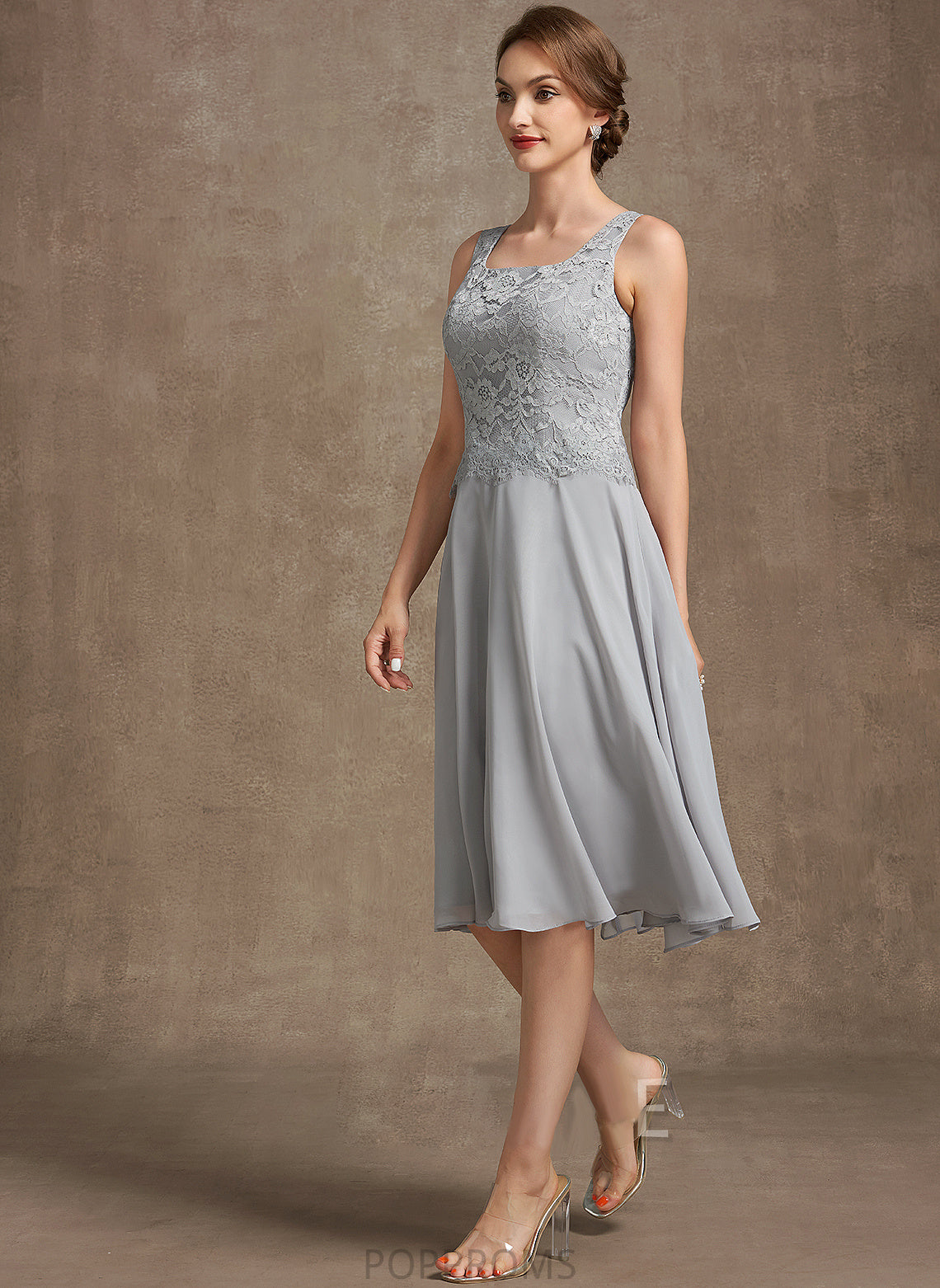 Neckline Dress the Square Knee-Length Caroline Bride of A-Line Chiffon Lace Mother of the Bride Dresses Mother