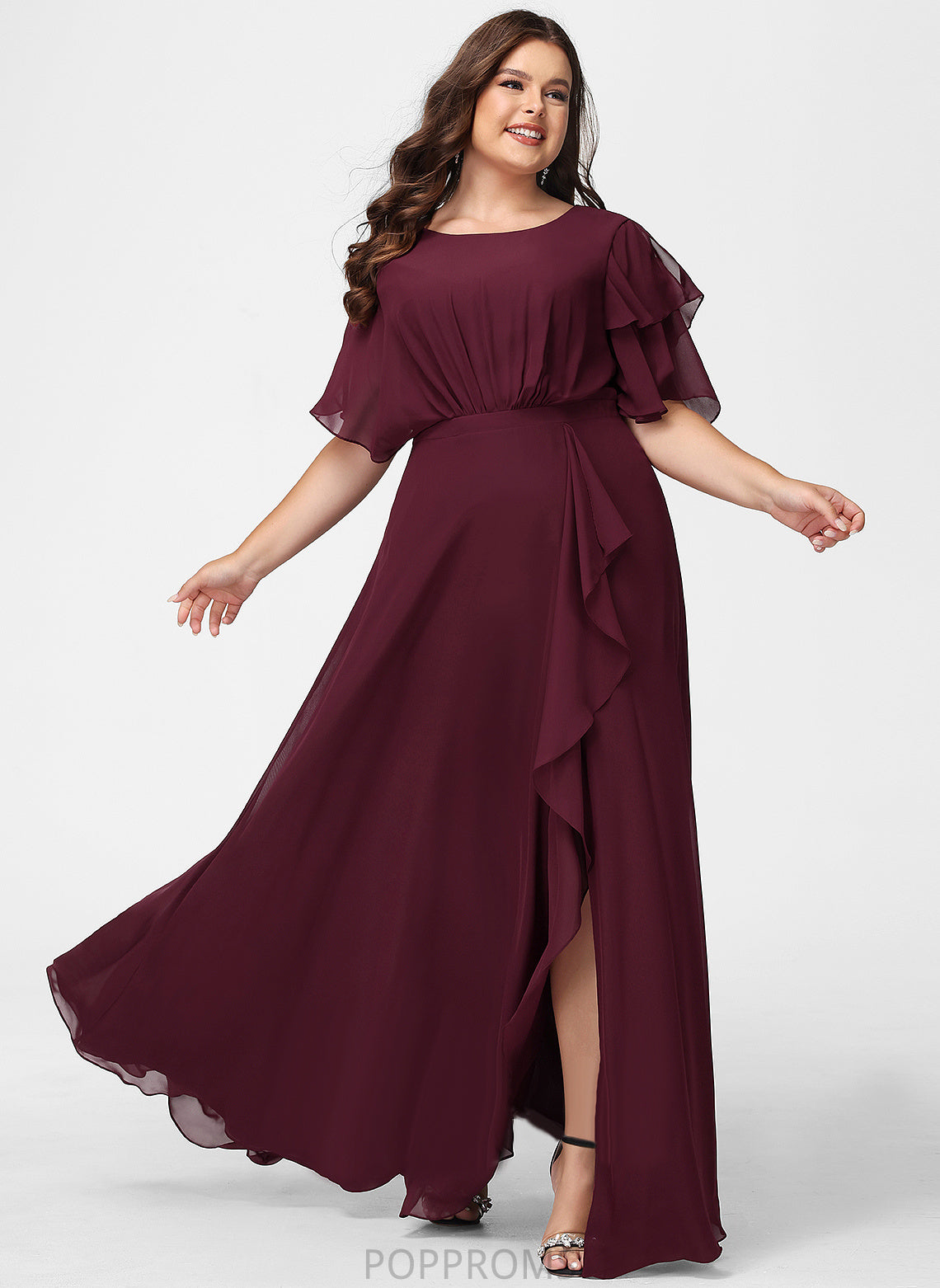 A-Line Neckline Fabric Ruffle SplitFront Silhouette ScoopNeck Floor-Length Embellishment Length Rosalie A-Line/Princess Bridesmaid Dresses