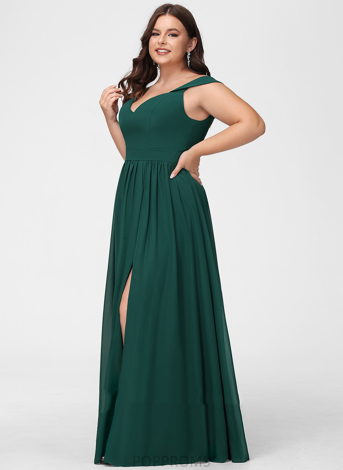 Off-the-Shoulder A-Line Fabric Embellishment Length Floor-Length SplitFront Silhouette Neckline Aleena Sleeveless Velvet Bridesmaid Dresses