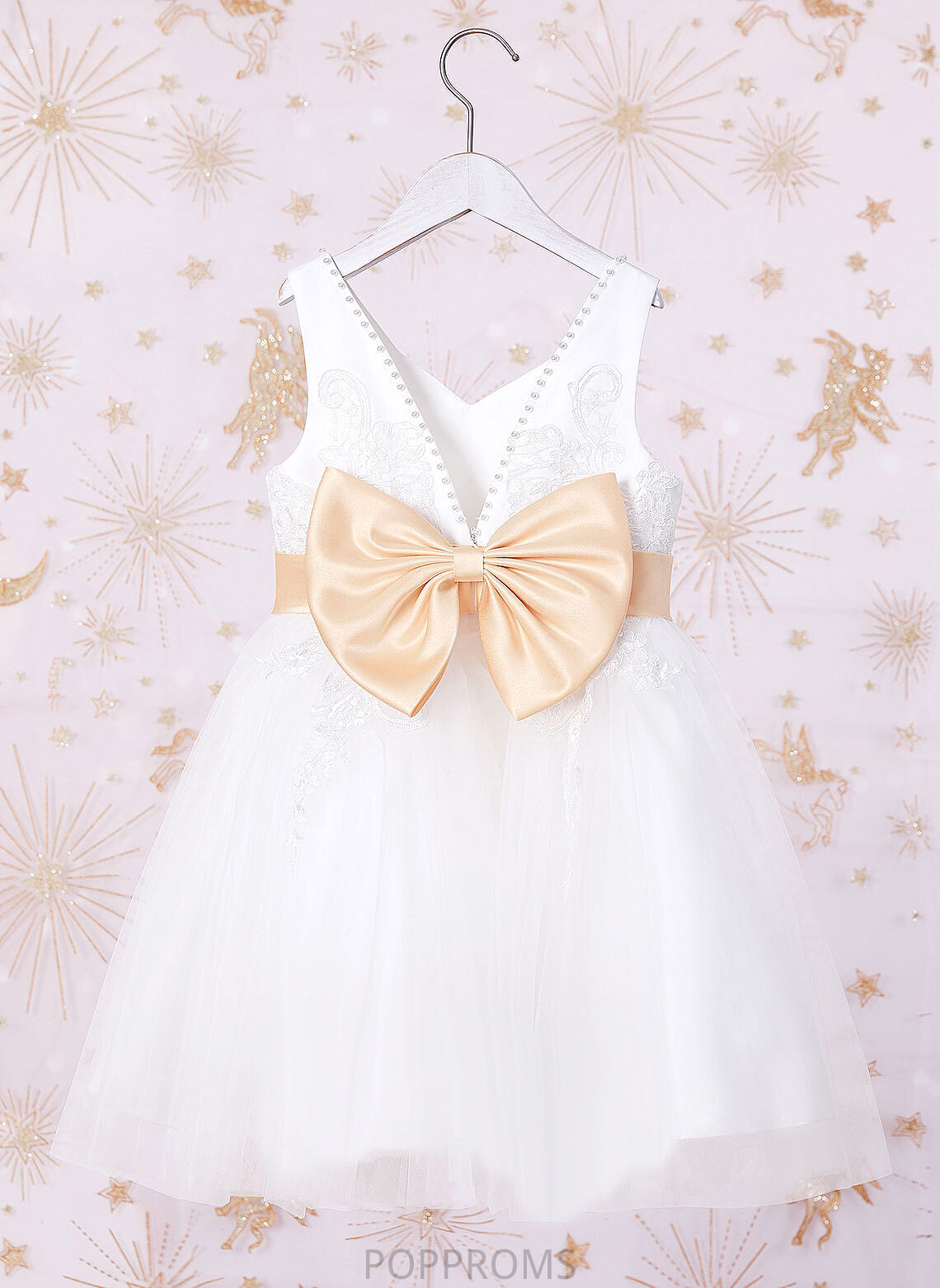 With Sash/Beading/Bow(s) Girl A-Line Flower Knee-length Tulle/Lace V-neck Dress Flower Girl Dresses Sleeveless - Kaylin